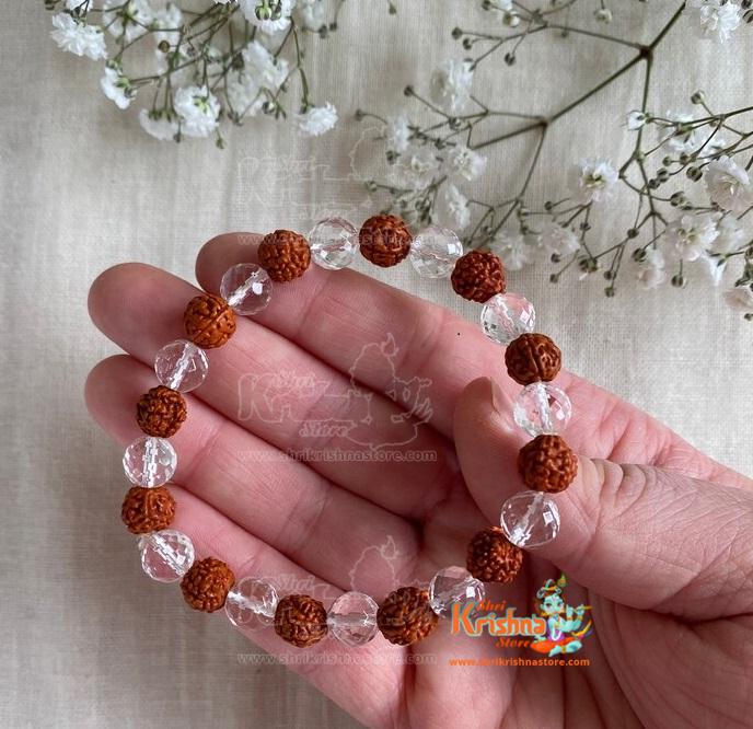 Rudraksha Sphatik Clear Quartz Bracelet - Rudraksha Beaded Bracelet - Unisex - shrikrishnastore.com