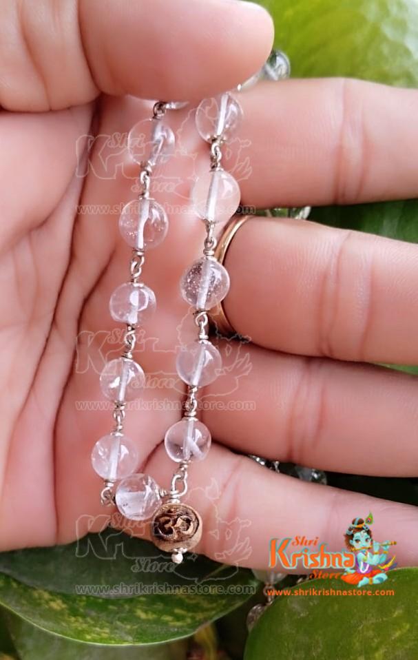 54+1 Om Spathic Beads Mala in Silver With flower Caps – Premium