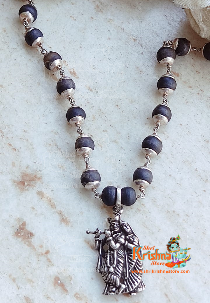 Radha Krishna Silver Pendant with Silver Tulsi capped 54 Beads mala - shrikrishnastore.com