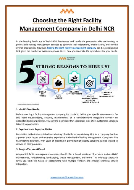 Choosing the Right Facility Management Company in Delhi NCR | PDF